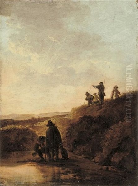 A Dune Landscape With Figures Near A Pool Oil Painting by Anthony Jansz van der Croos