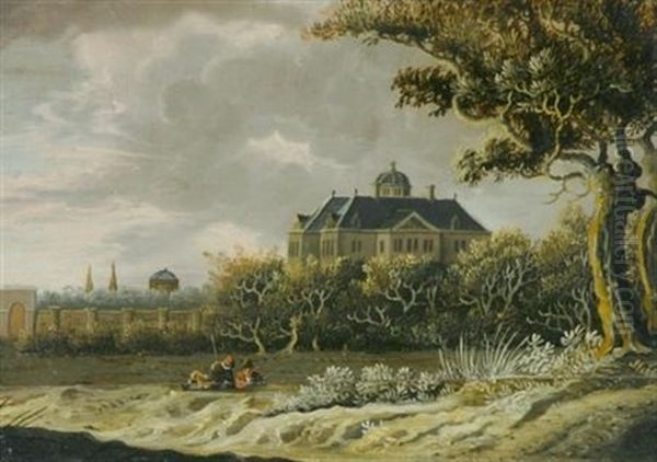 Two Figures Outside A Grand Mansion And Walled Garden Oil Painting by Anthony Jansz van der Croos