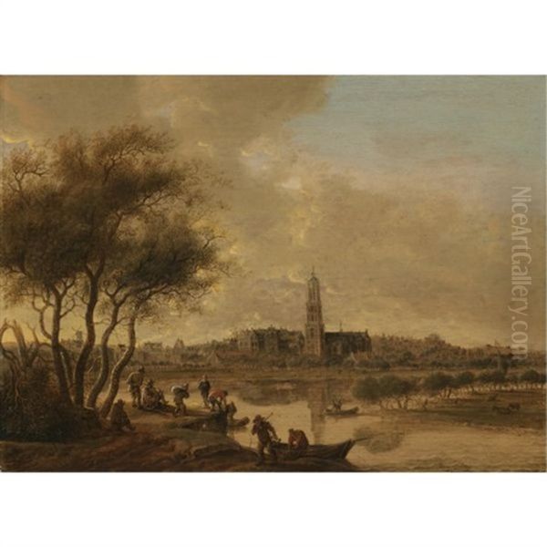 A Panoramic View Of Rhenen Seen From The South Bank Of The Nederijn, With The Church Of St. Cunera Oil Painting by Anthony Jansz van der Croos