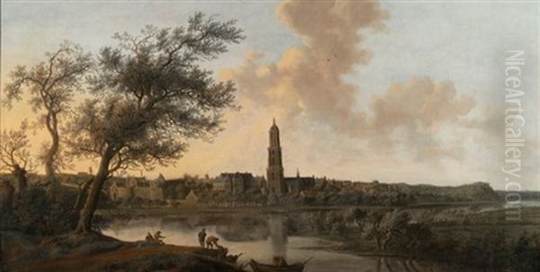 A Panoramic View Of Rhenen Seen From The West, Along The Bank Of The River Rhine Oil Painting by Anthony Jansz van der Croos