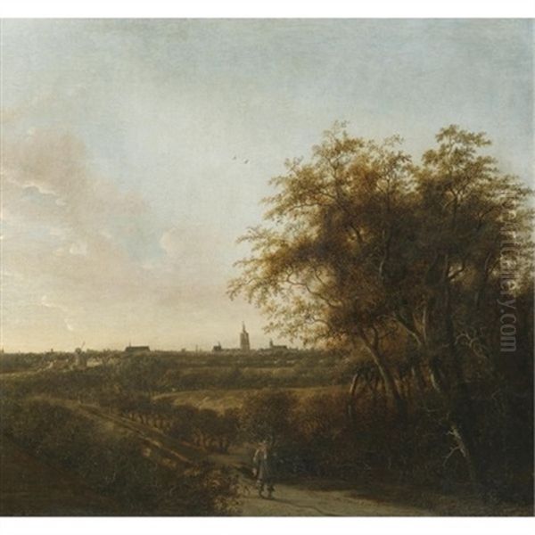 An Extensive Landscape With A Man And His Dog On A Sandy Road, The Hague In The Distance Oil Painting by Anthony Jansz van der Croos