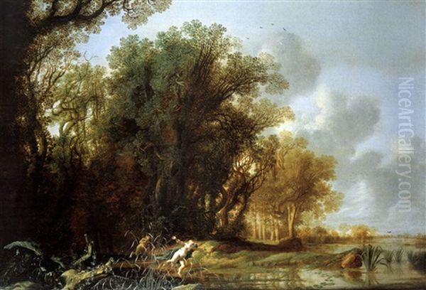 Pan Und Syrinx In Einer Waldlandschaft Mit Teich Oil Painting by Anthony Jansz van der Croos