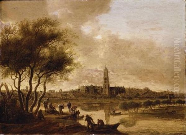 A View Of Rhenen Seen From The South Bank Of The Nederijn, Fishermen Unloading Their Catch In The Foreground Oil Painting by Anthony Jansz van der Croos