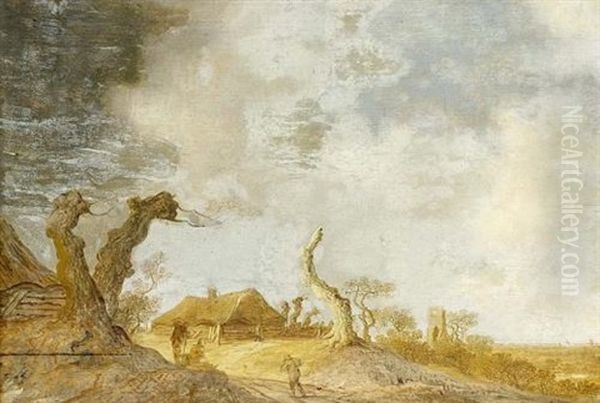 A Dune Landscape With Figures Conversing Near Tree Trunks, A Farm Beyond Oil Painting by Anthony Jansz van der Croos