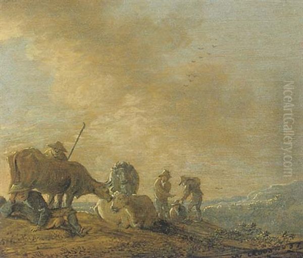 Herdsmen With Cattle In A Landscape Oil Painting by Anthony Jansz van der Croos