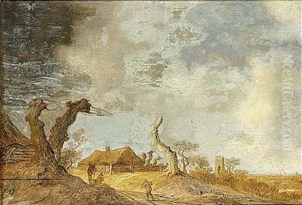 A Dune Landscape With Figures Conversing Near Tree Trunks, A Farm Beyond Oil Painting by Anthony Jansz van der Croos