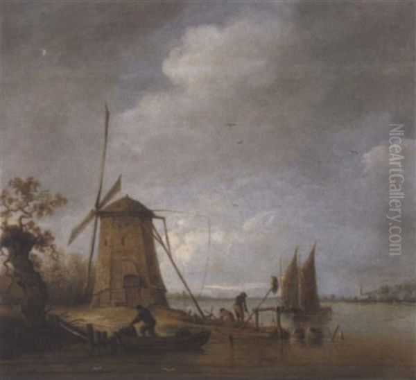 Hollandische Flusslandschaft Mit Einer Windmuhle Und Booten Oil Painting by Anthony Jansz van der Croos