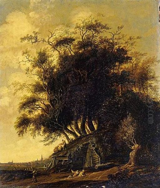 A Wooded Landscape With Figures Thatching A Barn, A View Of A Town Beyond Oil Painting by Anthony Jansz van der Croos