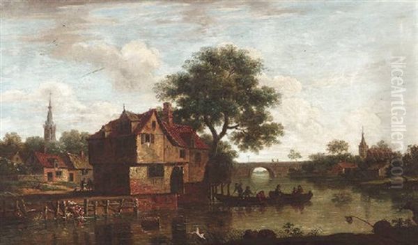 Kanallandschaft Mit Fahrboot, Brucke Und Angrenzenden Hausern Oil Painting by Anthony Jansz van der Croos