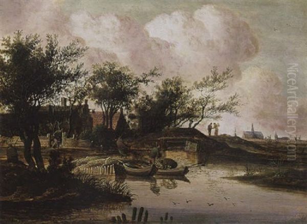 A River Landscape With A Fishermen Hauling In Their Catch Near A Village, A View Of Haarlem With The St Bavo Beyond Oil Painting by Anthony Jansz van der Croos