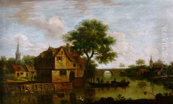 Kanallandschaft Mit Fahrboot, Brucke Und Angrenzenden Hausern Oil Painting by Anthony Jansz van der Croos