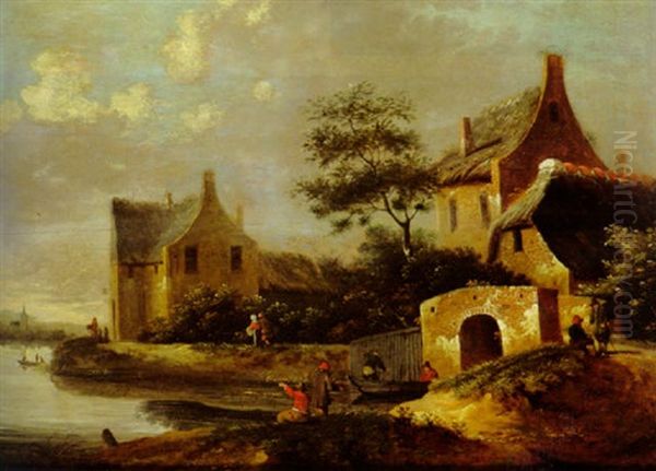 Village On The Banks Of A River With Figures Oil Painting by Anthony Jansz van der Croos