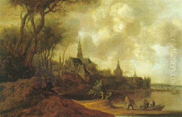 Pecheurs Aux Abords D'une Ville Fluviale Hollandaise Oil Painting by Anthony Jansz van der Croos