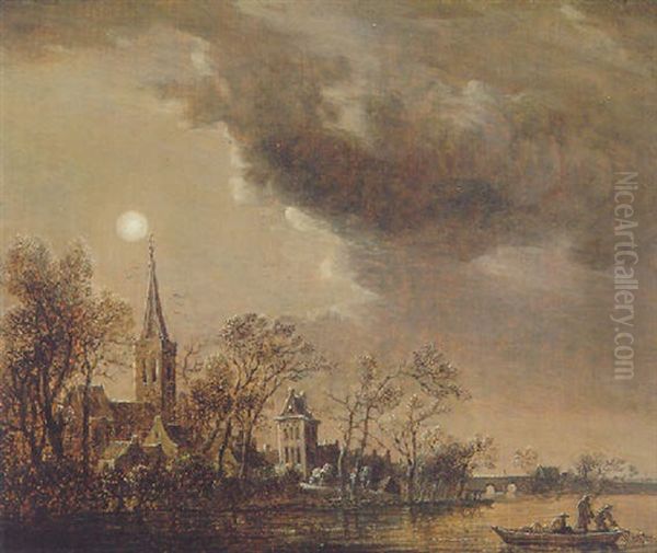 A River Landscape With A Fishing Boat Near A Village By Moonlight Oil Painting by Anthony Jansz van der Croos