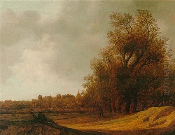 A River Landscape With A Town On The Outskirts Of The Hague Beyond, Two Bell-towers Visible On The Horizon Oil Painting by Anthony Jansz van der Croos