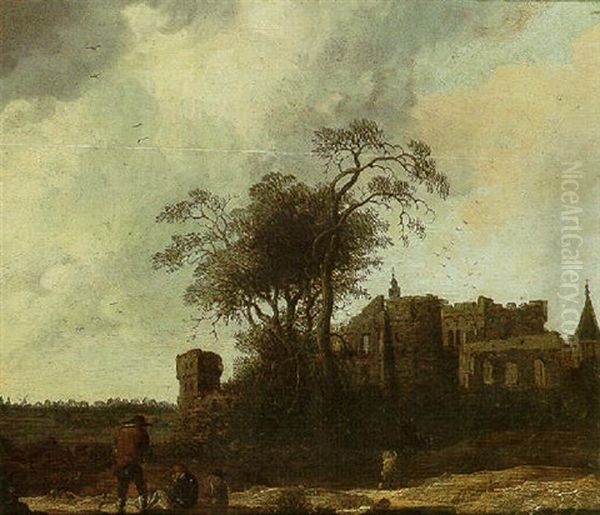 A Dune Landscape With Figures Resting Before A Castle (egmond ?) Oil Painting by Anthony Jansz van der Croos