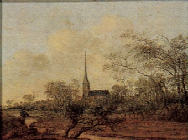 Voorhout: The Church Spire Seen Rising Above The Trees, With Fishermen In The Foreground Oil Painting by Anthony Jansz van der Croos