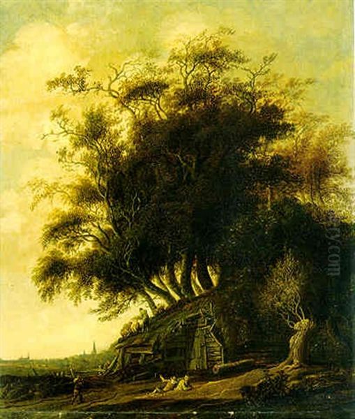 A Wooded Landscape With Figures Thatching A Barn, A View Of A Town Beyond Oil Painting by Anthony Jansz van der Croos