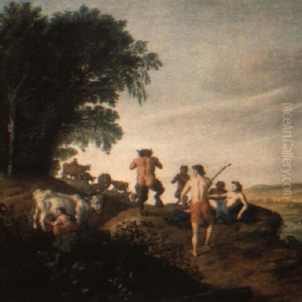 Satyrs And Nymphs In A Pastoral Landscape Oil Painting by Anthony Jansz van der Croos