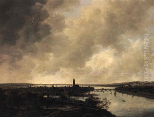 Panoramic Landscape With A Town Ivided By A River (frankfurt?) Oil Painting by Anthony Jansz van der Croos