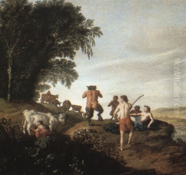 Satyrs And Nymphs In A Pastoral Landscape Oil Painting by Anthony Jansz van der Croos