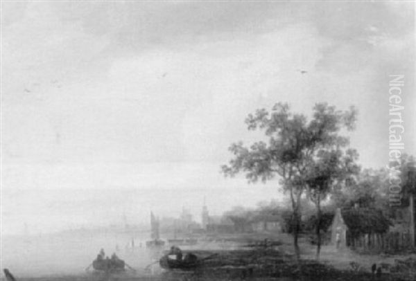 River Landscapes With Fishing Boats Near Windmills And A Town Oil Painting by Anthony Jansz van der Croos