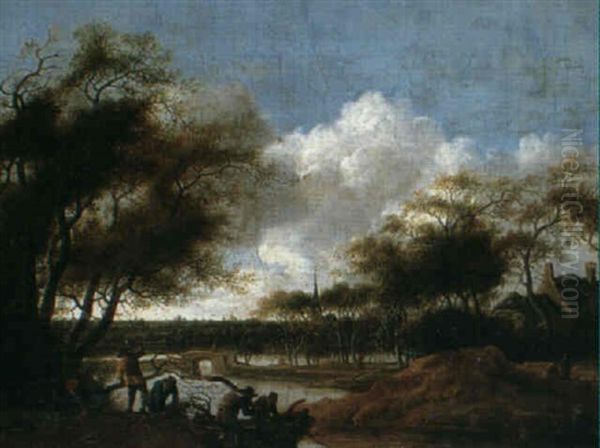 Flodlandskap Med Arbetande Man I Bat Oil Painting by Anthony Jansz van der Croos