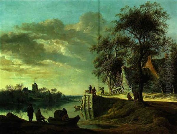 Flusslandschaft Mit Bauernhausern Und Figuren Oil Painting by Anthony Jansz van der Croos