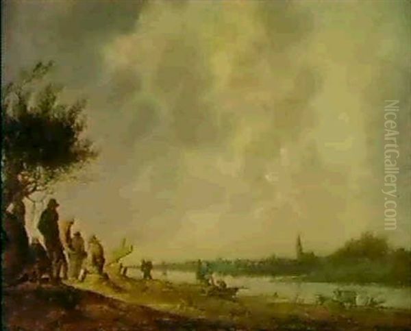 Flusslandschaft Mit Fischern Im Hintergrund Eine Stadt Oil Painting by Anthony Jansz van der Croos