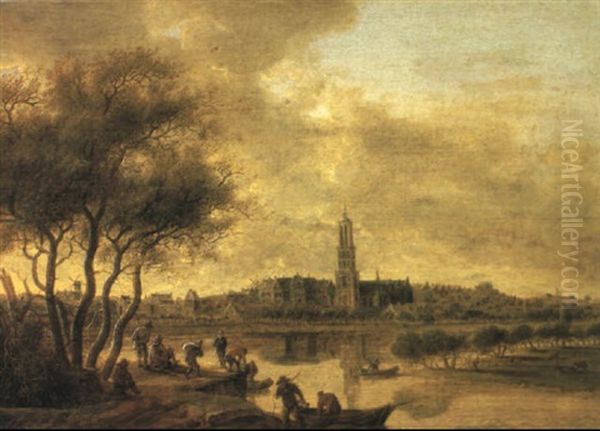 A View Of Rhenen Seen From The South Bank Of The Nederrijn Oil Painting by Anthony Jansz van der Croos