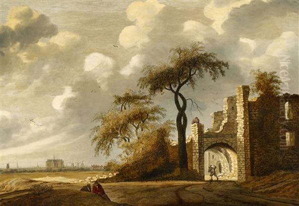 Ruins Of Castel Brederode With A View Of Haarlem Oil Painting by Jacob Van Der Croos