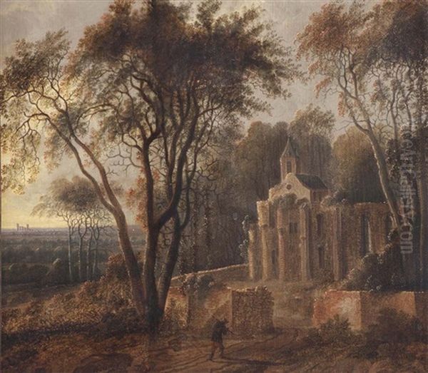 A Wooded Landscape With A Traveller Near A Ruin Of An Abby Oil Painting by Jacob Van Der Croos