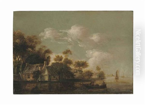 Boats On A River Before A Wooded Village Oil Painting by Jacob Van Der Croos