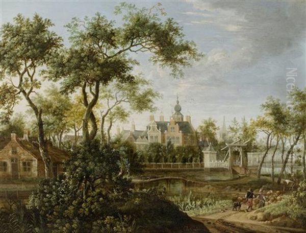 Landschaft Mit Figuren Vor Einer Schlossanlage Oil Painting by Jacob Van Der Croos