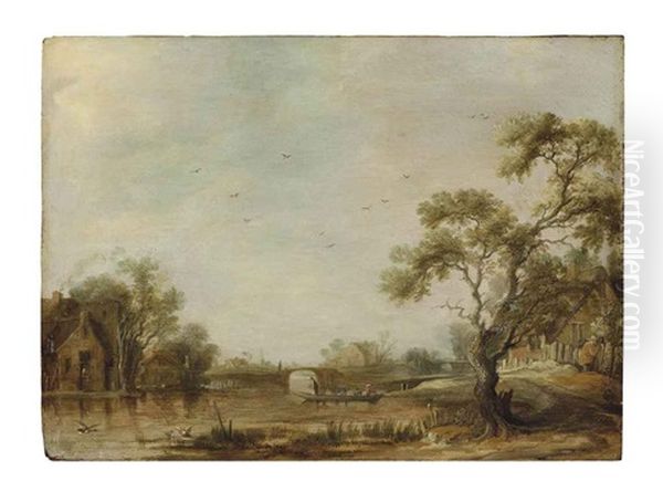 A River Landscape With A Village, Figures Crossing In A Ferry By A Bridge, A Church Beyond Oil Painting by Jacob Van Der Croos