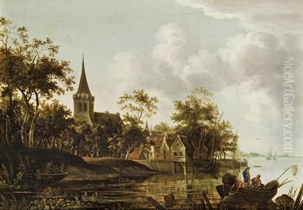 Flusslandschaft Mit Fischern Vor Einem Dorf Oil Painting by Jacob Van Der Croos