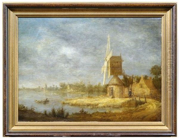 Hollandische Kanallandschaft Mit Bockwindmuhle Oil Painting by Jacob Van Der Croos