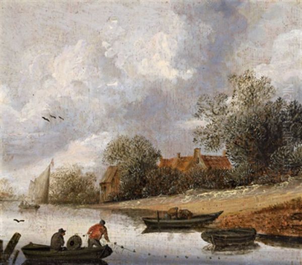 Flusslandschaft Mit Anglern Oil Painting by Jacob Van Der Croos