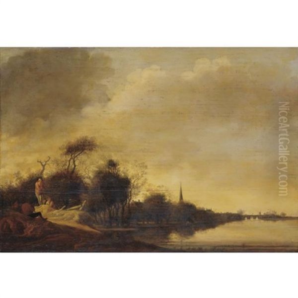 River Landscape Oil Painting by Jacob Van Der Croos