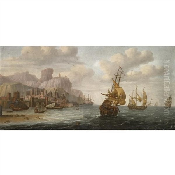 Dutch And English Shipping Off A Mediterranean Port Oil Painting by Jacob Van Der Croos