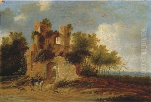 Travellers On Horseback By A Ruinous Gate, A Town In The Distance Oil Painting by Jacob Van Der Croos