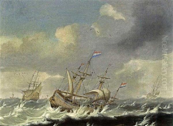 A Small Cargoship And Men-o-war In Stormy Waters Oil Painting by Jacob Van Der Croos