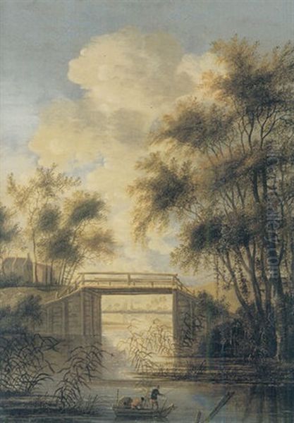 River Landscape With A Bridge Oil Painting by Jacob Van Der Croos