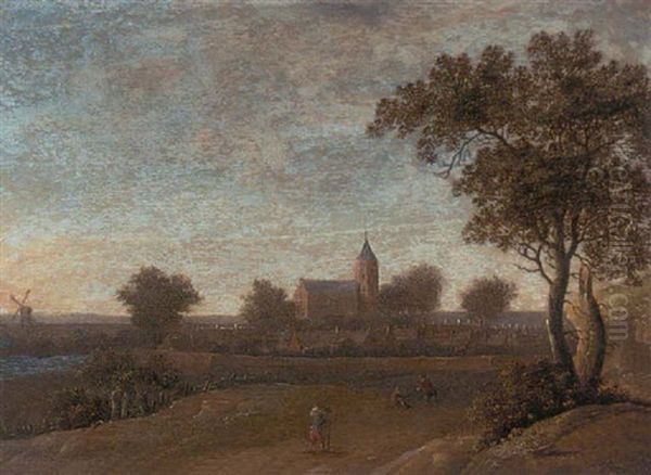 An Extensive Landscape, Travellers On A Path, A Walled Town Beyond Oil Painting by Jacob Van Der Croos