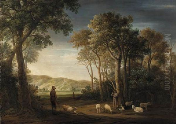 A Wooded Landscape With Shepherds And Their Flocks In A Clearing Oil Painting by Jacob Van Der Croos