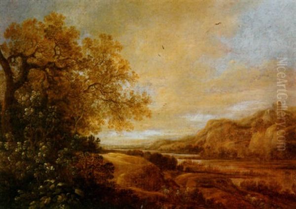 Weite Fluslandschaft Mit Einer Burgruine Oil Painting by Jacob Van Der Croos