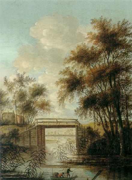 A Wooden Bridge Over An Inlet With Two Fishermen In A Boat, A Town In The Distance Oil Painting by Jacob Van Der Croos