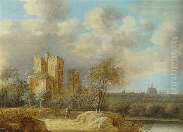 Landscape With A Ruined Castle And Haarlem In The Distance Oil Painting by Jacob Van Der Croos