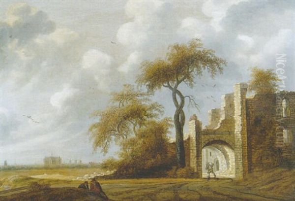 Travellers On A Road Near The Ruins Of The Brederode Castle, Haarlem Beyond Oil Painting by Jacob Van Der Croos