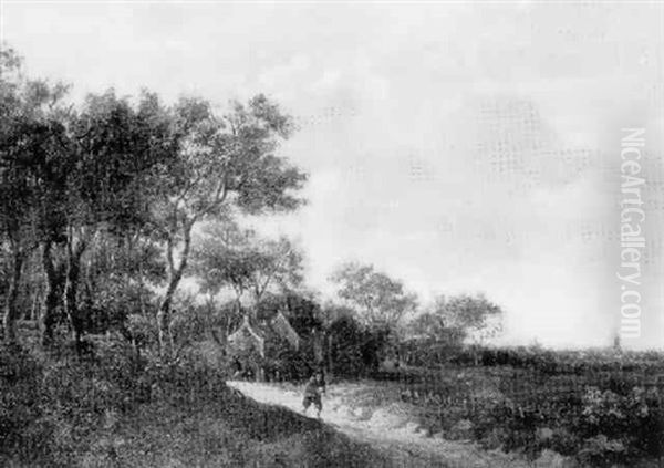 A Villager On A Country Path At The Edge Of A Wood With A Meadow And Church Beyond Oil Painting by Jacob Van Der Croos